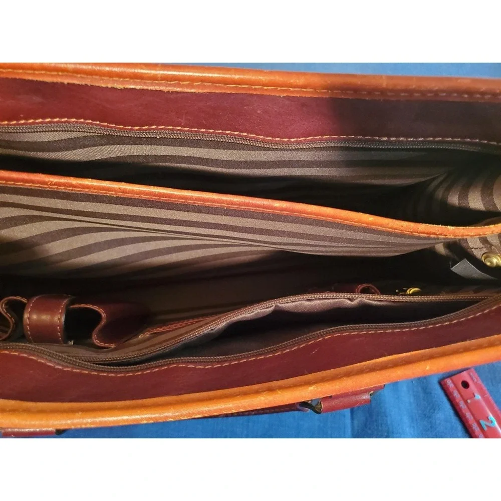 Cognac Brown Leather Briefcase‎ Lap Top Case Dbl Handle Shoulder Strap Vantaggio